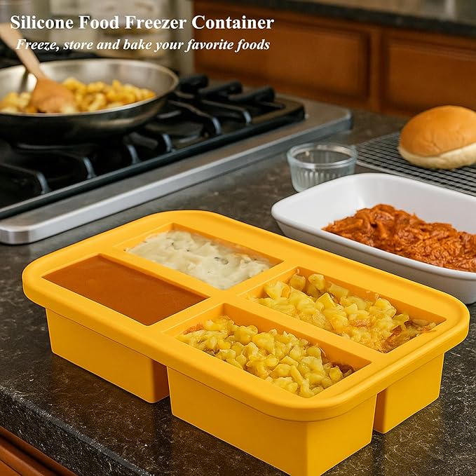 Bangp Silicone Freezer Tray for Soup Ice Cubes,1-Cup Freezing Tray with Lid for Meal Prep,Rice,Broth,Sauce,Leftovers. Makes 4 Perfect 1 Cup Portions. Oven & Dishwasher-Safe