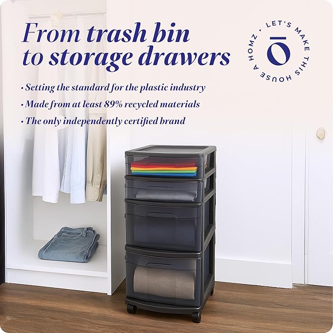 HOMZ 2-Pack Drawer Tower, 4-Tier Clear Plastic Storage Organizer Cart, Black Tint and Frame - Organizing Containers with Wheels for Home, Bathroom, Bedroom, Office, and Classroom