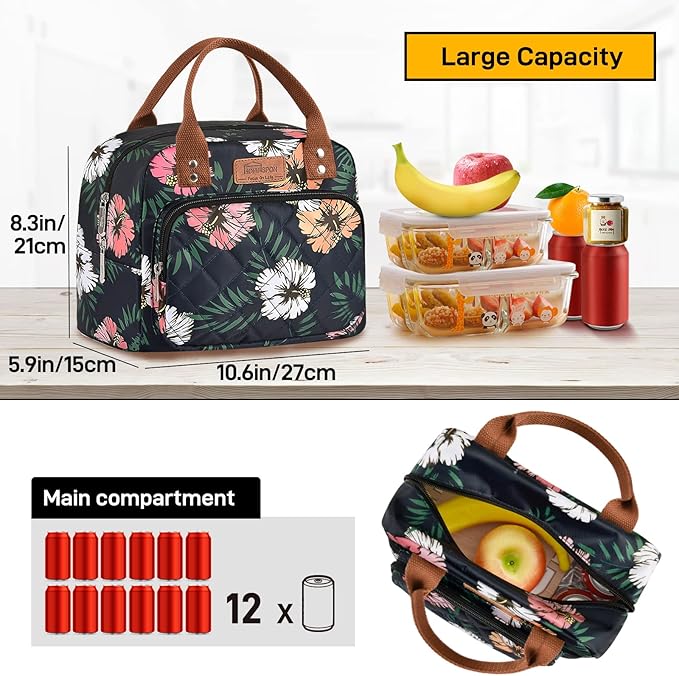 HOMESPON Lunch Bag for Woman Man Adults with Front Pocket Insulated Lunch Tote Lunch Box Container for Work Picnic or Travel(Green Leaves)