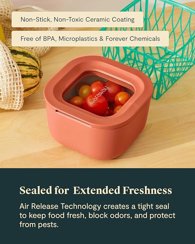 Caraway 6pc Food Storage Container Set - 1.75 Cup Glass Storage Container for Food (6) - Non-Toxic Ceramic-Coated Glass - Air Release Technology - Compact & Stackable Design - Cream