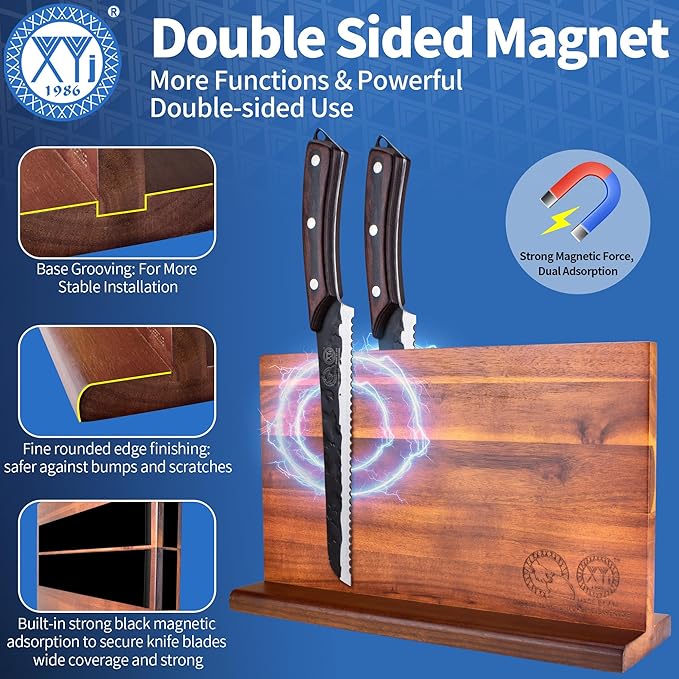 XYJ Authentic Since 1986,Kitchen Knife Block Set,High Carbon Steel Blades,Full Tang Knives Set with Block,Cutting Board,Sharpening Stick,Scissors,Gloves,Slicing Butcher Chef Knives,Wood Handle