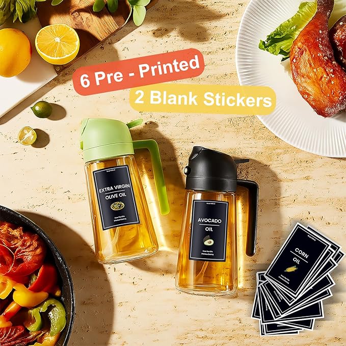 CXINYI - 16oz/470ml Olive Oil Dispenser for Kitchen with Stickers - 2 in 1 Olive Oil Sprayer for Cooking, Air Fryer, and Salad, Blue (Light-Proof Kitchen Gadget)