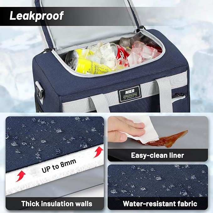 MIER Large Lunch Box for Men Women Adult Insulated Soft Sided Cooler 30 Can Leakproof Lunch Bag Collapsible for Work Travel Camping Beach, 18L (Blue-No Luggage Strap)