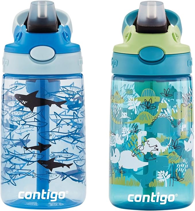 Contigo Aubrey Kids Water Bottle, 2-Pack, 14oz, Dinos & Sharks, Spill-Proof Lid, Dishwasher Safe, Blue & Green