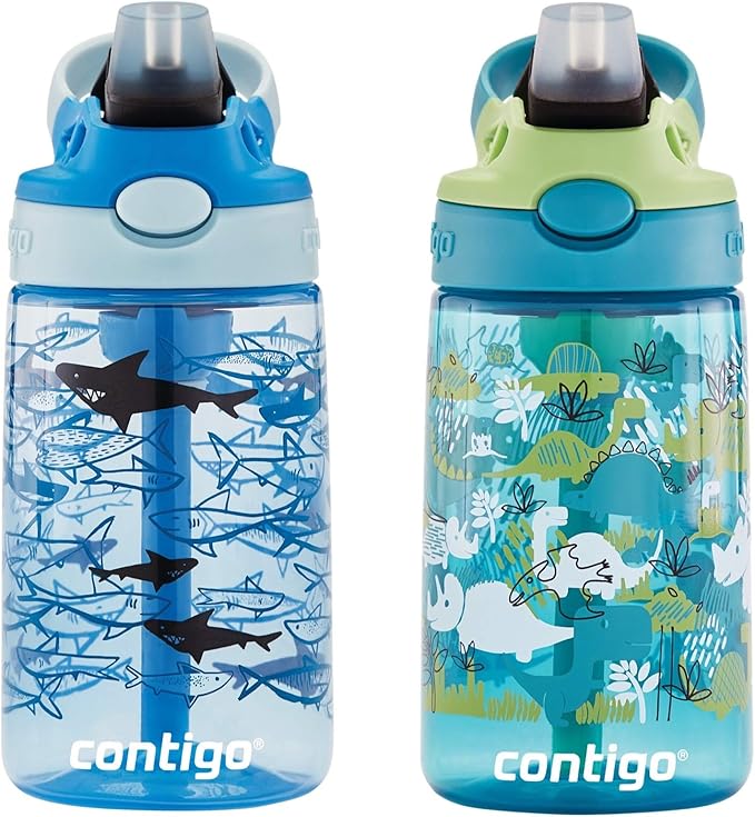 Contigo Aubrey Kids Dinos & Sharks Cleanable Water Bottle with Silicone Straw Spill-Proof Lid Dishwasher Safe 14oz 2-Pack (Pack of 4)
