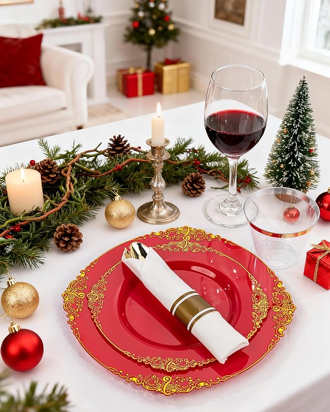 Nervure 350PCS Red Plastic Plates - Red Gold Plastic Dinnerware Sets for 50 Guests - 100 Gold Disposable Plates, 50 Pre Rolled Silverware Sets, 50 Cups Perfect for Wedding & Party & Christmas