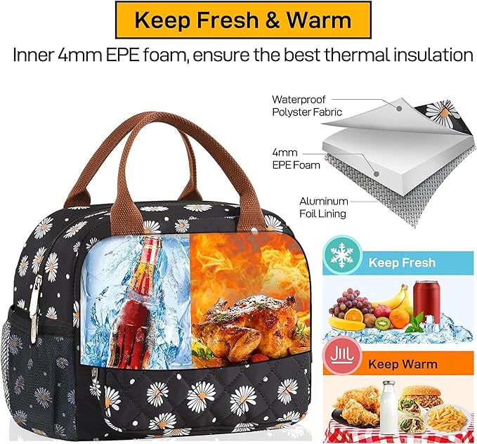 HOMESPON Lunch Bag for Woman Man Adults with Front Pocket Insulated Lunch Tote Lunch Box Container for Work Picnic or Travel(Daisy Side Pockets)