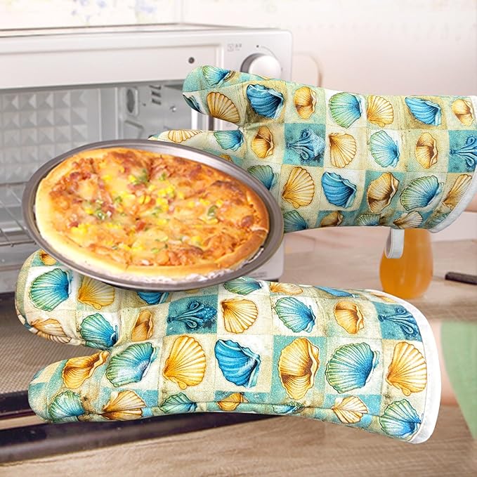 Oven Mitts Gloves 1 Pair Heat Resistant 480 ℉ Non Slip Clear Silicone Printed Shell Comfortable Cotton Lining Kitchen Men Cooking Barbecue Machine Washable (Shell, Beige Mitts)