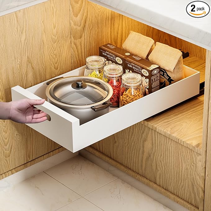 HBL' 2 Pack | 21" Deep Pull Out Cabinet Organizer Adhesive, 10-Inch Wide Sturdy Carbon Steel Roll-Out Drawers for Face Frame or Frameless Cabinets,Slide-Out Shelves for Pantry.