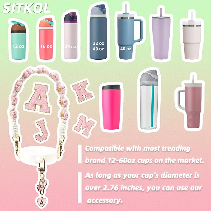 Cute Letter Charm Set Compatible with Owala Water Bottle 24 oz, 32 oz, 40 oz, Owala Kids, Owala Coffee Tumbler, Owala FreeSip – Includes Handle Strap, for Owala Accessories & Stanley Cup Accessories