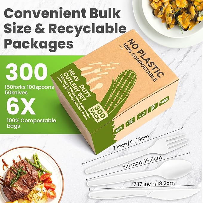 Compostable Utensils Set (300Pack), Heavy Duty & Eco-Friendly No-Plastic Spoons, Forks, Knives Cutlery Set - 100% Disposable Cornstarch Flatware for Lounge Party Wedding BBQ Picnic Camping
