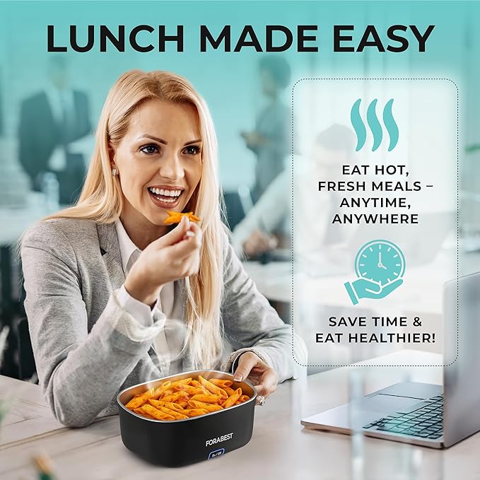 FORABEST Heated Lunch Box, 80W Electric Lunch Box for Adults, Portable Food Warmer with 1.5L Stainless Steel Container, Utensils & Carry Bag, On/Off Switch, 12V/24V Car/Truck & 110/120V Home/Office