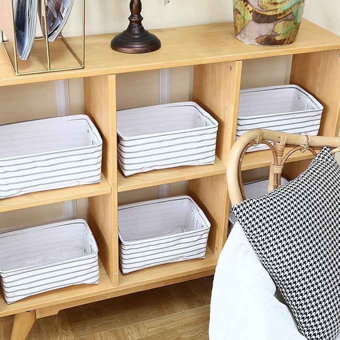 Hinwo 6-Pack Small Canvas Fabric Storage Baskets Set with Handles, Open Storage Bins, Cube Storage Organizer, Shelf Organizer Bins for Closet, 7.9L, 12 x 8 x 5 Inches (Gray Stripe)