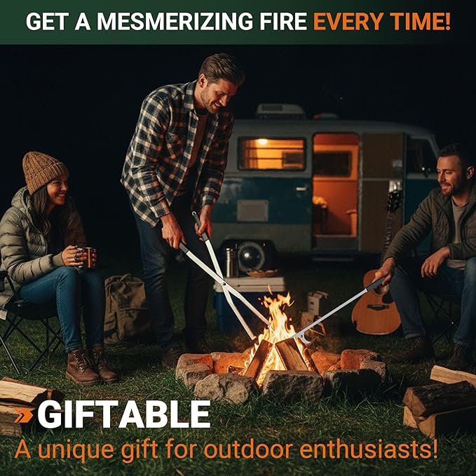 Tredre Fire Tongs and Fire Poker Set, Stainless Steel Fire Pit Tools for Outside, Heavy Duty Fireplace Tongs Log Grabber for Campfire, Wood Stove, Rust-Resistant Firewood Tong Set