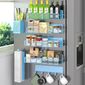 Magnetic Spice Rack for Refrigerator, 7 Pack 100% Metal Strong Magnet Shelves, Kitchen Spice Organizer W/ Hook Rack, Paper Towel Holder, Utensils Caddy, Home Laundry Room Storage Organization (Blue)