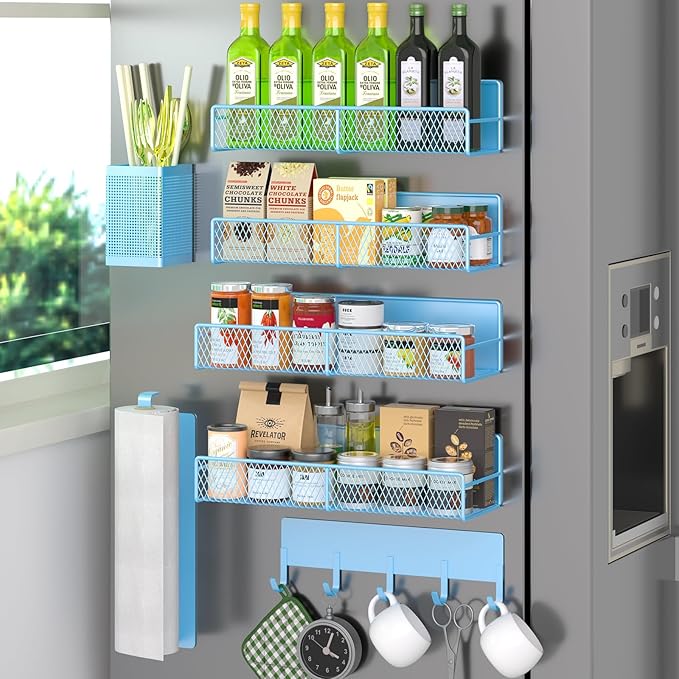 Magnetic Spice Rack for Refrigerator, 7 Pack 100% Metal Strong Magnet Shelves, Kitchen Spice Organizer W/ Hook Rack, Paper Towel Holder, Utensils Caddy, Home Laundry Room Storage Organization (Blue)