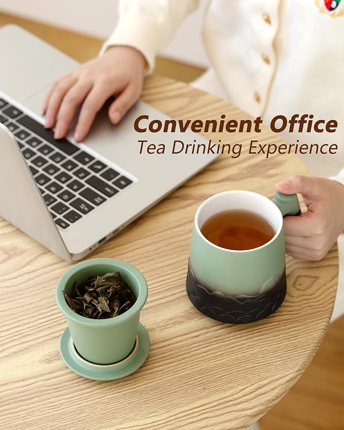 ZENS Tea Mug with Infuser and Lid for Loose Leaf Tea Steeper, 16.9 oz Embossed Ceramic Tea Cup with Fine Strainersand Wood Handle, Diffusers Accessories for Tea Lovers Gifts