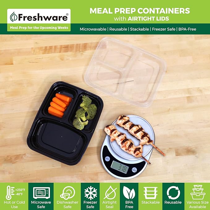 Freshware Meal Prep Containers [150 Pack] 3 Compartment Food Containers with Lids, Bento Box, Stackable, Microwave/Dishwasher Safe (32 oz)