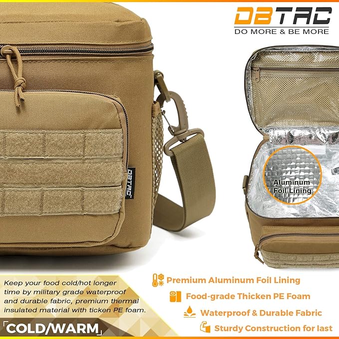 DBTAC Tactical Lunch Bag for Men Women, 12 Cans Insulated Lunch Box for Adult | 9L Leakproof Lunch Cooler Tote for Work Office Outdoor Travel | Soft Easy To Clean Liner x2 (Tan)