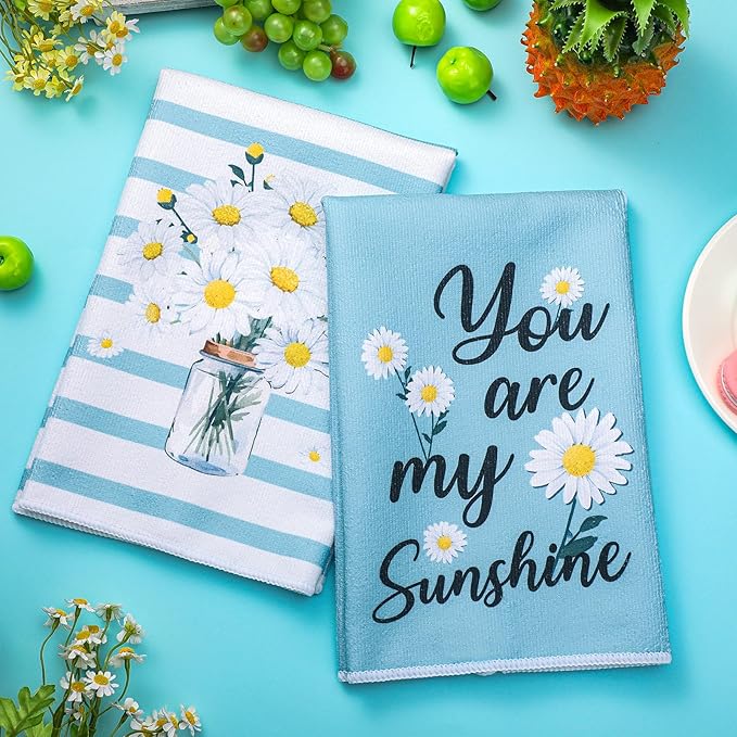 Boyiee Set of 6 Daisy Flower Kitchen Towels Daisy Stripes Tea Towels Floral Absorbent Dishtowels 24 x 16 Inches Housewarming Gifts Blue Hand Wash Cloth for Farmhouse Kitchen Bathroom Decorations