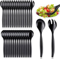 Mwellewm 32Pcs Serving Spoons 10'' Large Plastic Serving Utensils Set Slotted Disposable Serving Forks Heavy Duty Black Party Supplies for Buffet Restaurant Dinner Salad Noodles Soup
