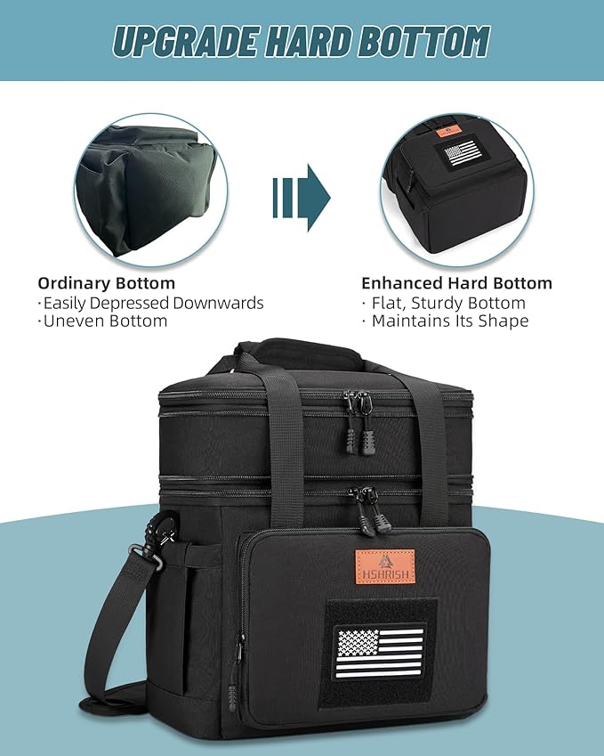 HSHRISH Lunch Box, Large Double Deck Expandable Insulated Lunch Bag, Durable Waterproof Leakproof Tactical Cooler Bag with Flag for Men/Work picnic Trips, 24 Cans/16 L, Black