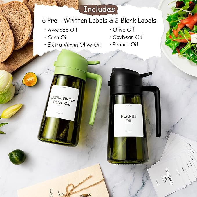 TrendPlain - Original 16oz/470ml Olive Oil Dispenser Bottle for Kitchen Gadgets and Air Fryer Accessories - Olive Oil Sprayer for Cooking w/Stickers - Peach