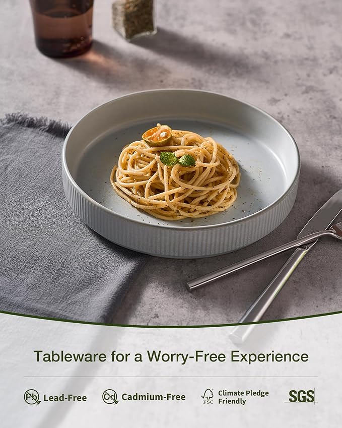 famiware Star 8.25" Pasta Bowls, Large Dinner Bowls Set of 6, Salad Bowl Plates, Shallow Bowls for Eating, Light Gray