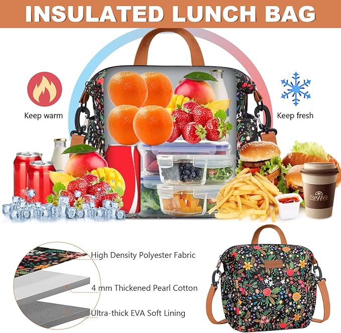 Joymee Lunch Bag Women Insulated Lunch Box Reusable Leakproof Large Spacious Cooler Tote for Women Men Adult with Bottle Holder and Side Pockets for Work Office Travel Picnic -08 Multi-Floral