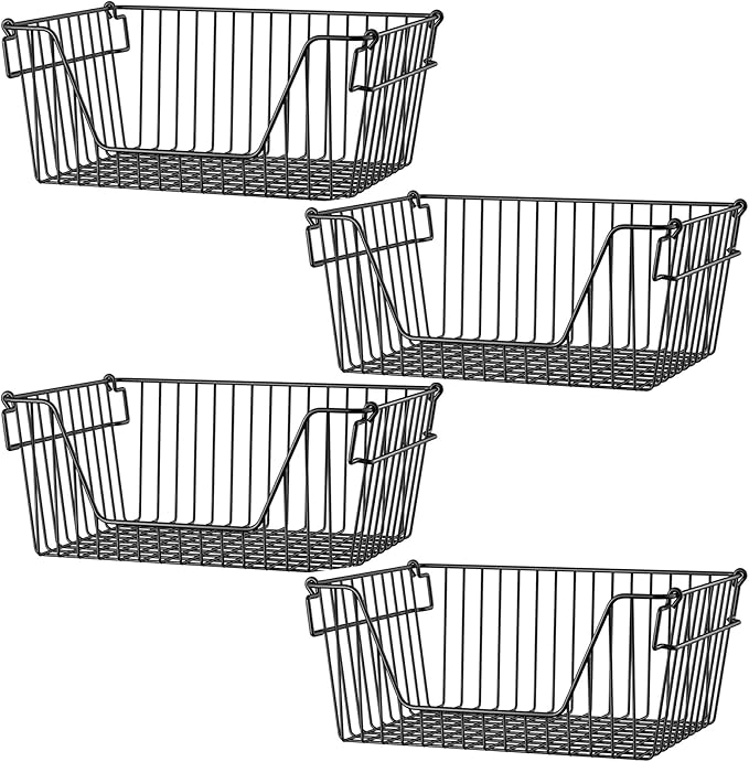 SANNO Black Stackable Wire Baskets Stacking Bins for Vegetable Storage Pantry, Fridge,Bathroom Storage Organization,4 pack