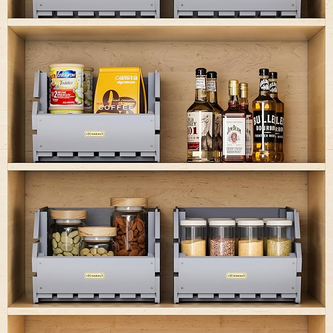 HABAU Wood Potato Onion Storage Bins - Wooden Stackable Produce Basket - Fruit Vegetable Storage for Kitchen Pantry Organization, Set 3 Pieces