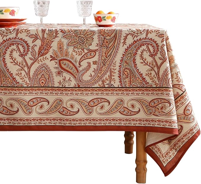 ISAENNE Designer French Red Long Tablecloth Rectangle,Linen Table Cloth with Cashew Pattern,Stain Proof Decor Tablecloths for Dining Thanksgiving Kitchen Christmas,63"*94"-Chauffrey D
