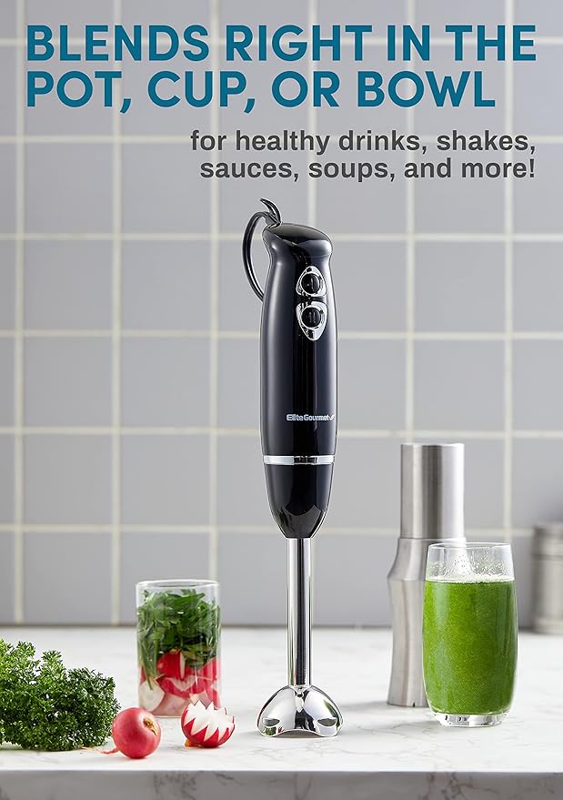 Elite Gourmet EHB1015 Immersion Hand Blender 500 Watts 2 Speed Mixing with Stainless Steel Blades, Detachable Wand Stick Mixer, Smoothies, Baby Food, Soup, Black