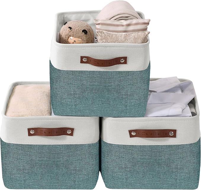 DECOMOMO Storage Baskets for Shelves - Fabric Storage Bins, Linen Closet Organizers and Storage (Green & White, Large - 3 Pack)