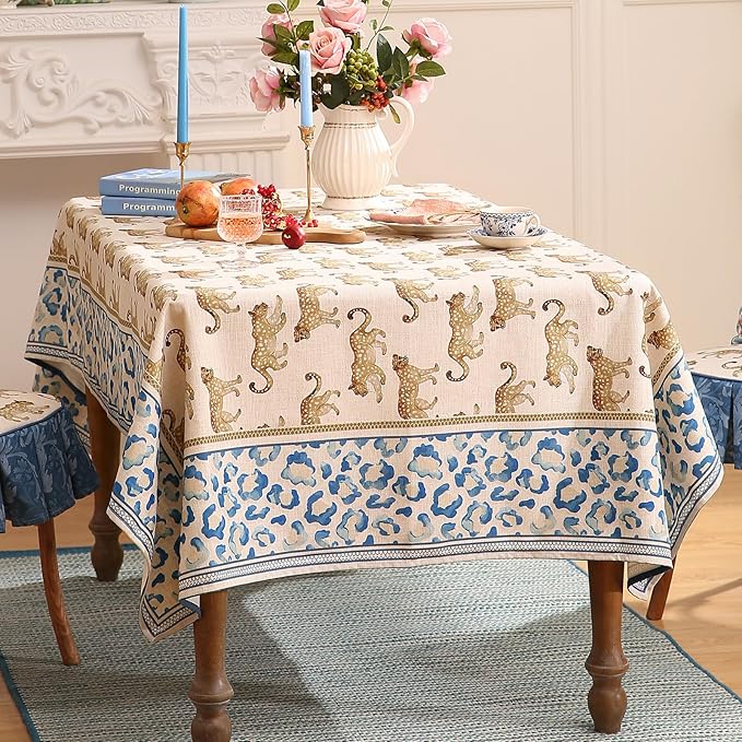patdrea Designer Vintage Linen Table Cloth for Rectangle Table,Leopard Animal Pattern Soft Breathable Tablecloth,Decor Cover for Kitchen Dining,Christmas,Parties,Thanksgiving,63"x87"-from