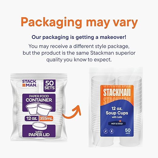 Stack Man [12 oz. - 50 Sets] Paper Food Container with Lid, Insulated Food Cups with Vented Lids - Hot or Cold To Go Soup Cup, for Soups, Ice Cream and Yogurt - Eco-Friendly - White