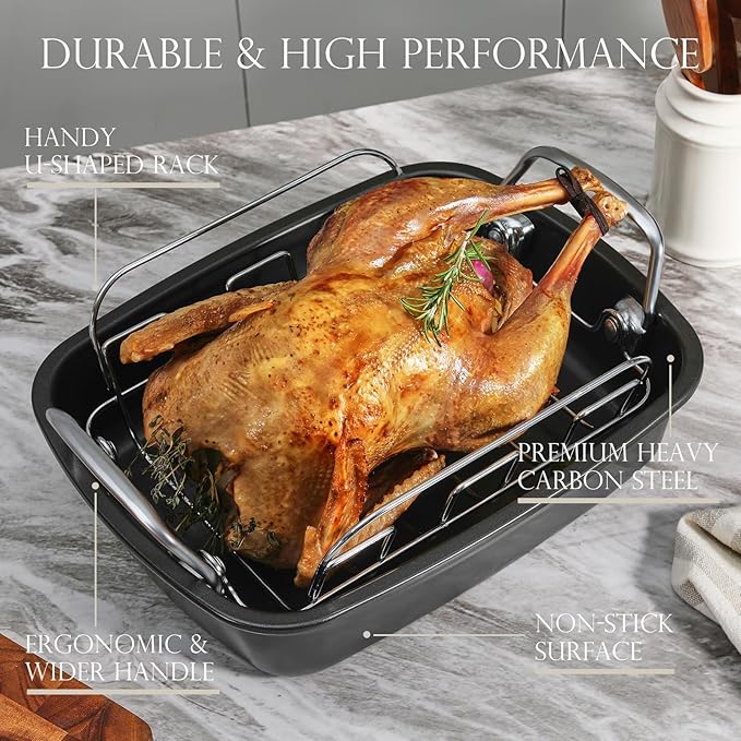 KITESSENSU Nonstick Turkey Roasting Pan with Rack 17 x 14 inch - Large Chicken Roaster Pan for Oven - Wider Handles & Heavy Duty Construction - Suitable for 24lb Turkey, Gold