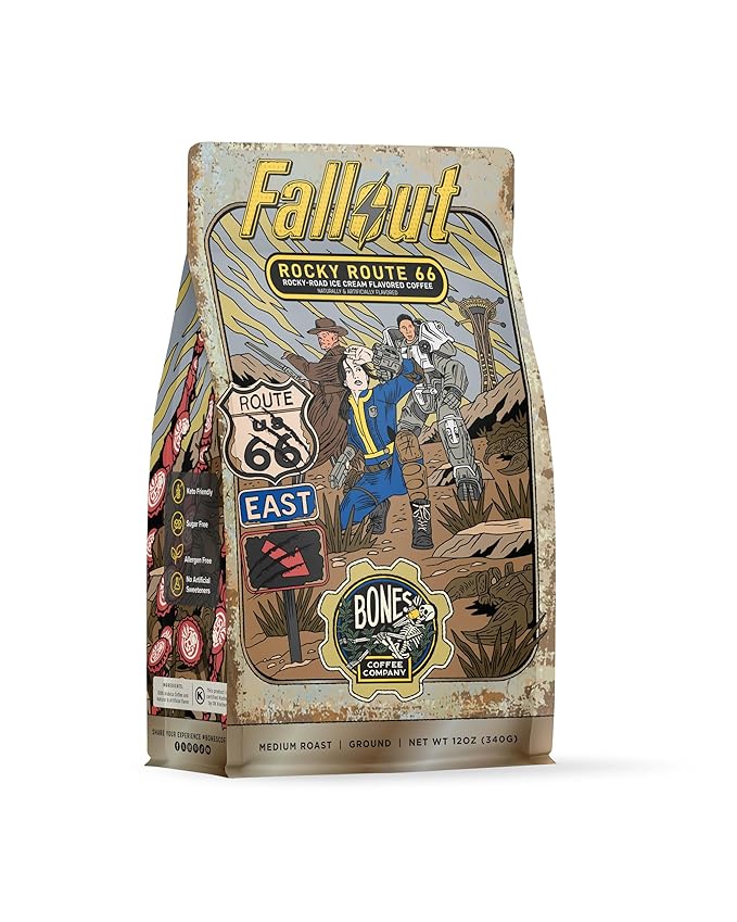 Bones Coffee Company Fallout Rocky Route 66, Rocky Road Flavored Coffee, Medium Roast Low Acid Arabica Beans Compatible with Auto drip and French Press Coffee Maker, 12 Oz Ground