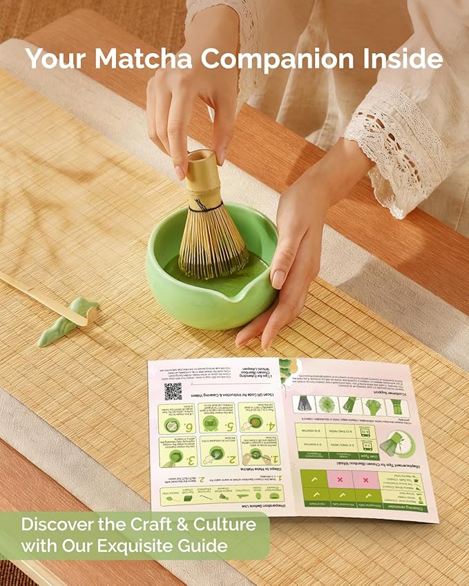 Maestri House Matcha Whisk Set, 7 Pcs Complete Matcha Kit with Spouted Ceramic Bowl, Bamboo Whisk & Holder, Scoop & Sifter, Tea Cloth – Ideal Gift for Matcha Lovers(Green)