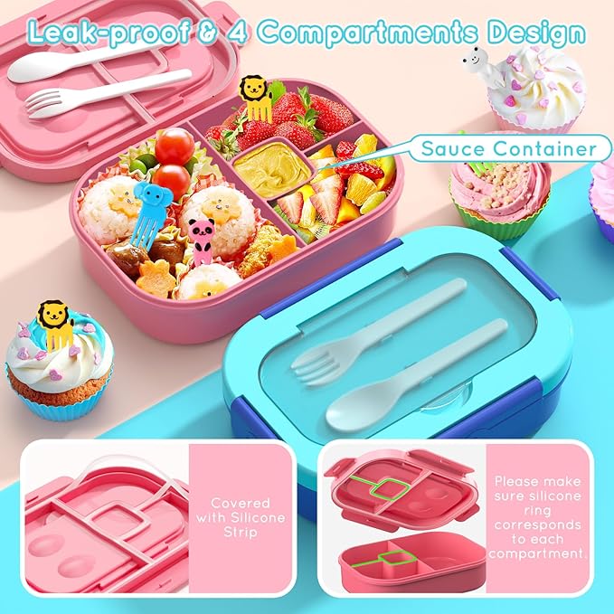 Bento Box Kid Adult Lunch Box 2 Pack, Leakproof Bento Lunch Container 4 Compartment Bento-Style Lunchbox with Utensil Set, On-the-Go Meal and Snack Packing for School, Work, Picnic