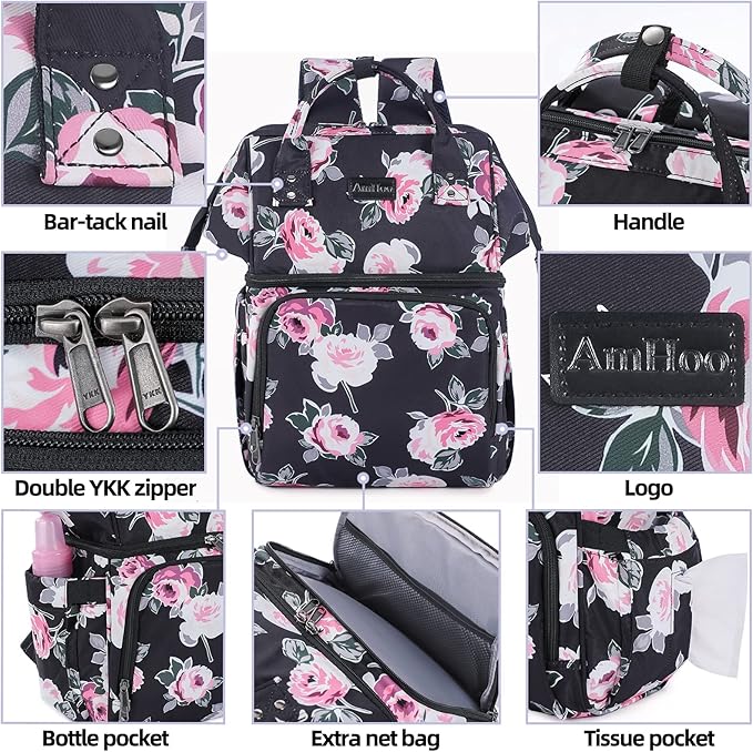 AmHoo Insulated Lunch Box Cooler Backpack Waterproof Leak-Proof Lunch Bag Tote for Men Women Hiking Beach Picnic Trip with Strongest YKK Zipper Rose Flower Pattern