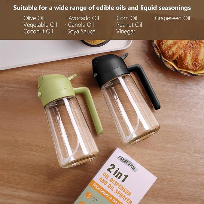 2PCS Olive Oil Sprayer for Cooking, 470ml 2 In 1 Glass Oil Sprayr & Pour for Kitchen, Air Fryer, Cooking, Salad, BBQ (Black,Green)