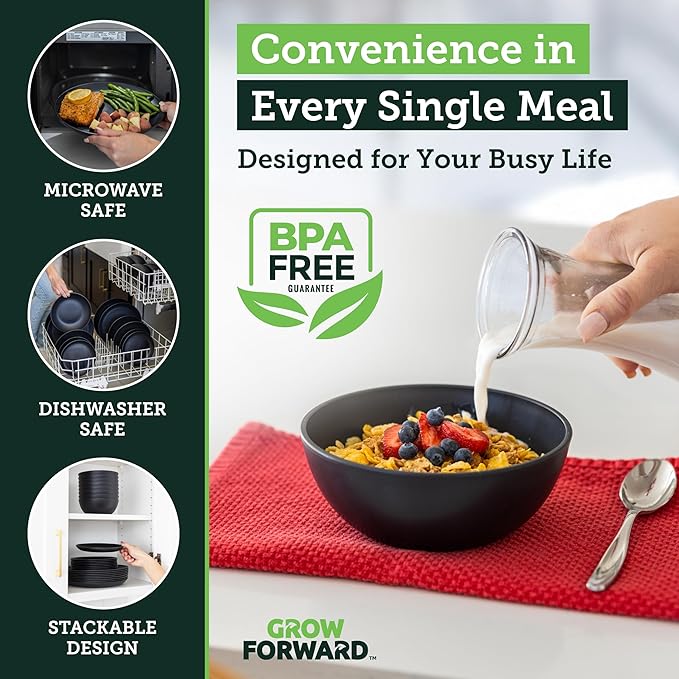 Grow Forward 24-piece Premium Wheat Straw Dinnerware Sets for 8 - Unbreakable Dishwasher & Microwave Safe Plastic Plates and Bowls Sets - Patio, Outdoors, RV, Camping Dishes - Midnight