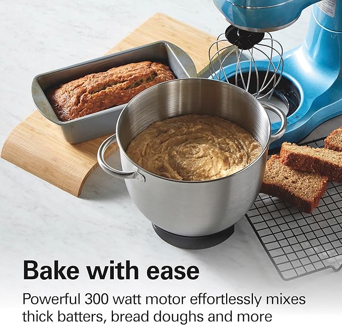 Hamilton Beach Electric Stand Mixer, 4 Quarts, Dough Hook, Flat Beater Attachments, Splash Guard, 7 Speeds with Whisk, Easy-Carry Top Handle, Blue