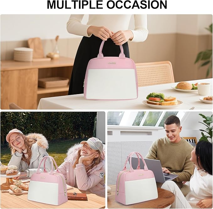 LOKASS Lunch Bag for Women-Insulated Adults Lunch Box with Front Pocket- Small Cute Lunch Tote for Work-Reusable Cooler Bag for Office Picnic Beach or Travel (Pink
