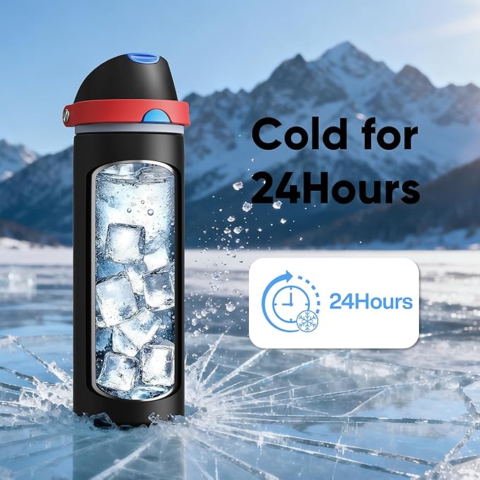 Insulated Water Bottle with Straw - Encool Stainless Steel Water Bottle with Push Button Lid, Leak-Proof & BPA-Free, Keeps Cold for 24 Hours for Sports, Travel, Gym (24 oz, Oil Black)