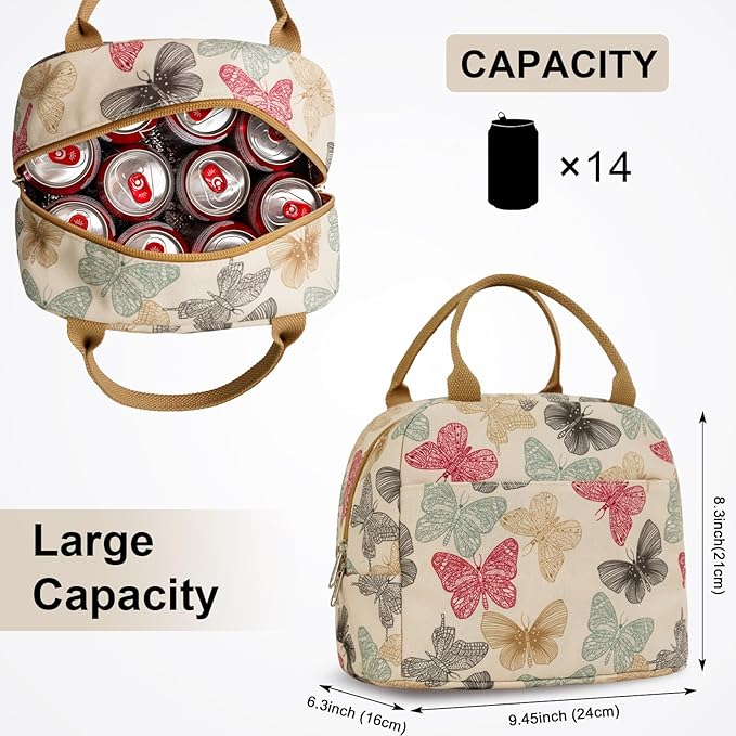 EurCross Beige Butterfly Lunch Bag for Women Work Daily Use Necessaries Storage, Reusable Medium Adult Lunch Tote Sack Bag for Bento Box with Insulated Liner
