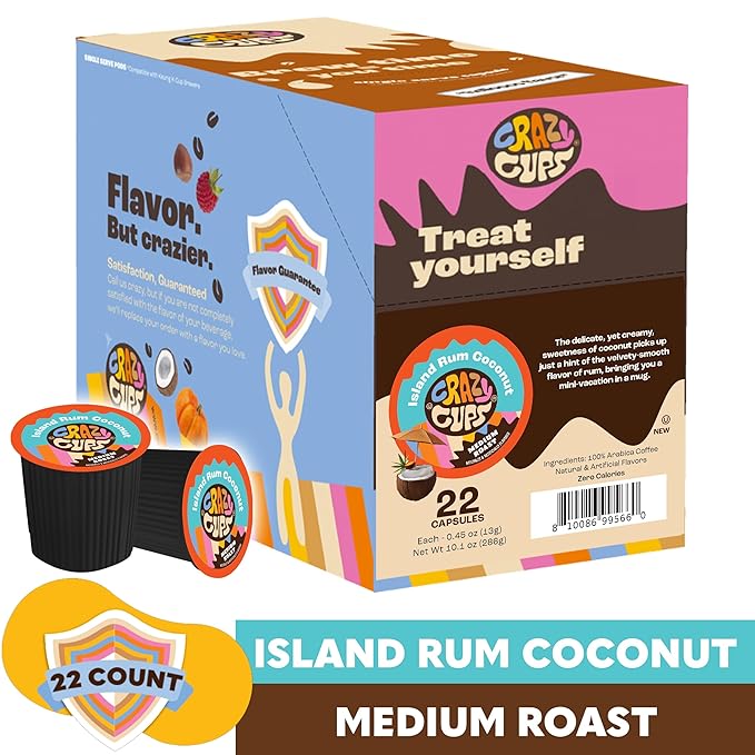 Crazy Cups Flavored Coffee Pods, Island Rum Coconut Single Serve Coffee Cups for K Cup Keurig Machines, Brew Hot or Iced, 22 Count