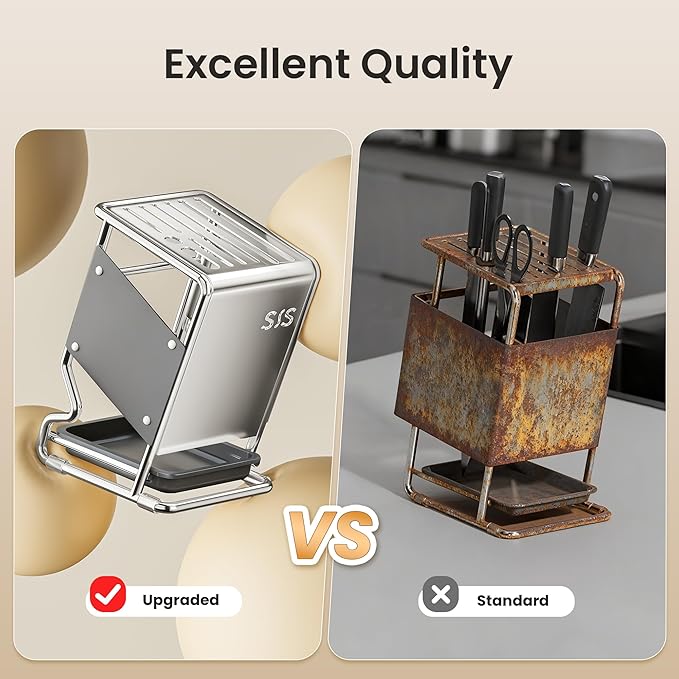 Knife Block Holder without Knives, Universal Kitchen Storage Stand, Safe Space Saver Large Volume Stable Knife Storage With a drip tray at the base Detachable for Easy Cleaning - Grey