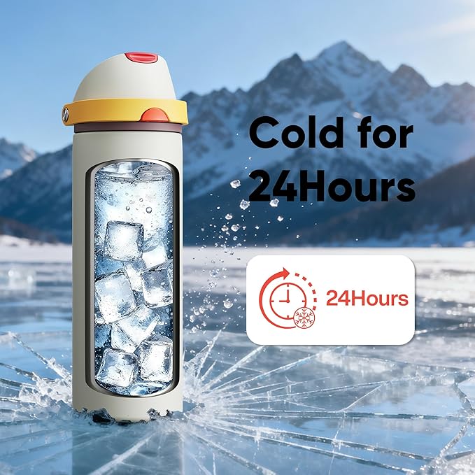 Insulated Water Bottle with Straw - Encool Stainless Steel Water Bottle with Push Button Lid, Leak-Proof & BPA-Free, Keeps Cold for 24 Hours for Sports, Travel, Gym (24 oz, Quill Grey-Red)